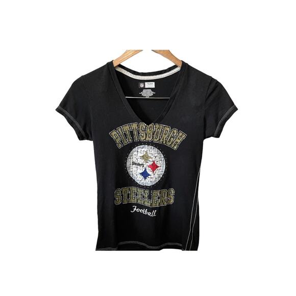 NFL Pittsburgh Steelers Football Black Gold Glitter V Neck Short Sleeve T Shirt - Picture 1 of 5